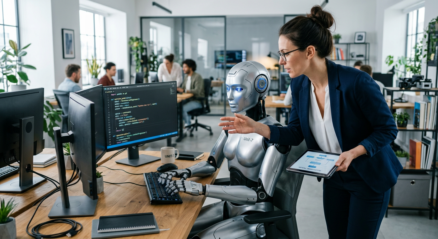 Firefly_GeminiFlash_Bilden ska vara en robot som programmerar och en kvinna som står bredvid och instruer 600767