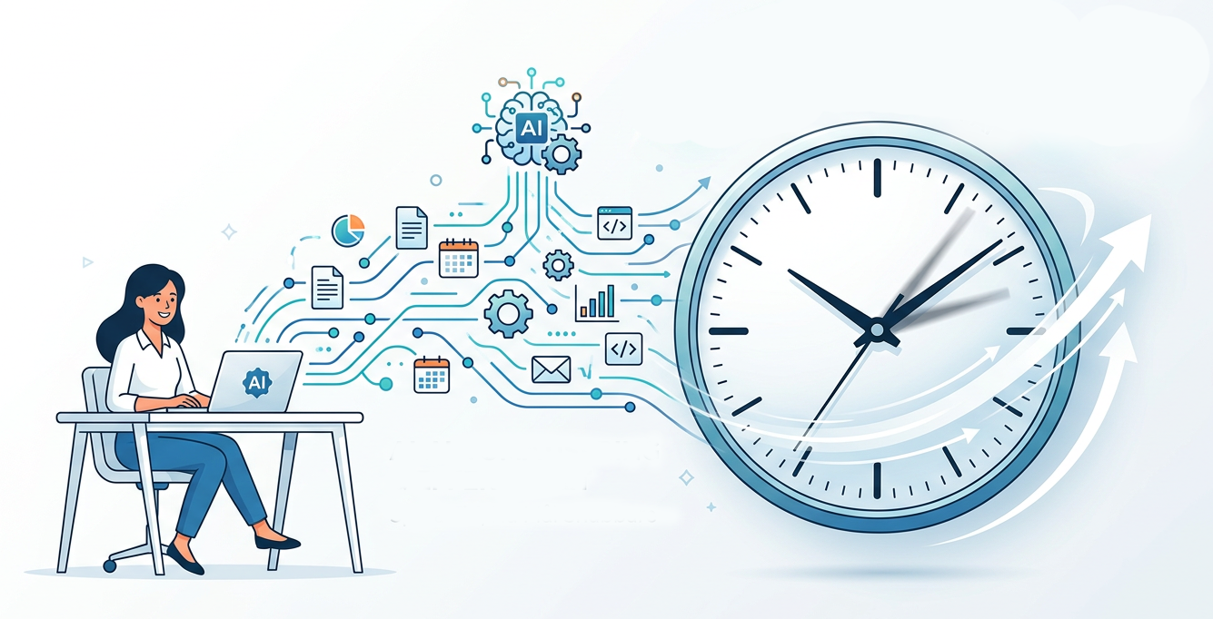 Firefly_GeminiFlash_en symbolisk bild för att spara tid med AI i vektor stil, mycket vitt i bilden 600767