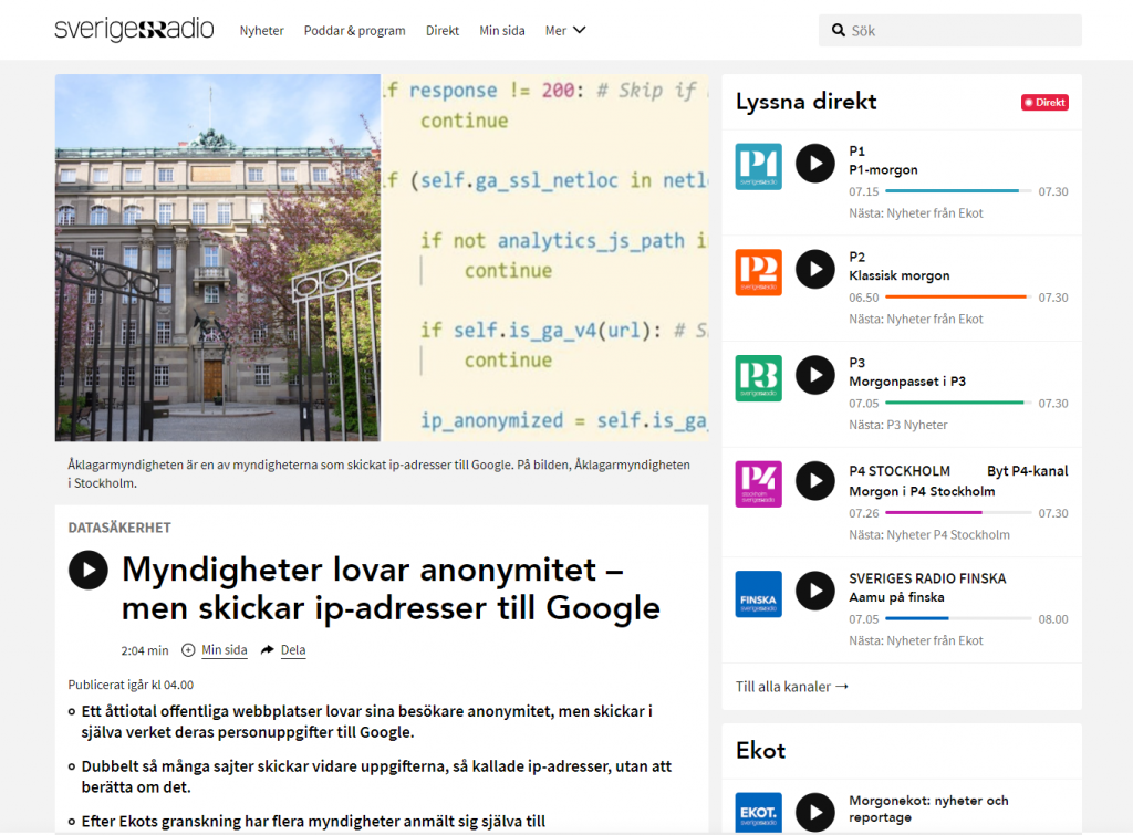 Sveriges Radios hemsida om nyheten om Google Analytics